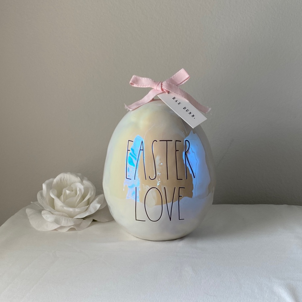 Rae Dunn irridescent Easter Love Egg with Pink Ribbon